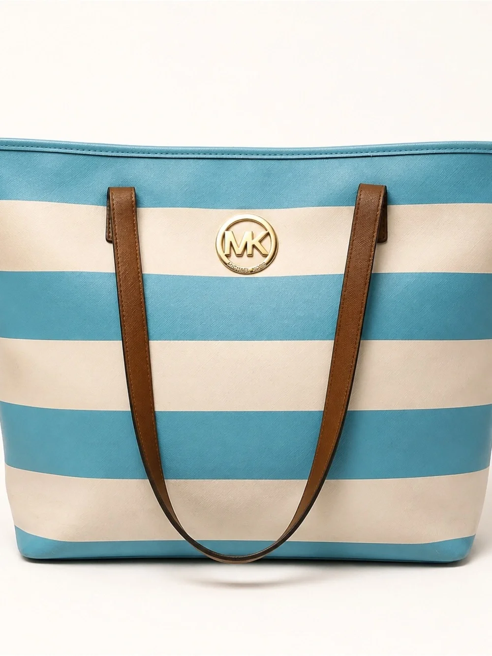 Michael Kors Blue & Cream Striped Tote with Brown Leather Straps